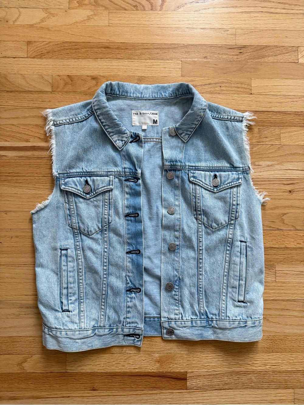rag & bone light wash distressed denim vest - size medium women’s